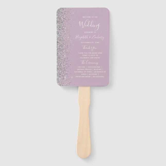 Dusty Purple Lilac Silver Glitter Wedding Program Hand Fan (Front)