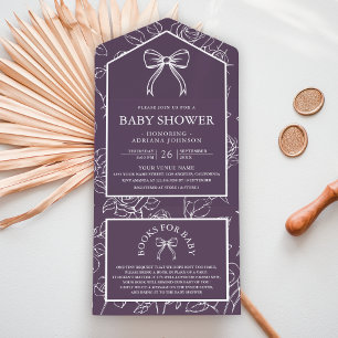 Dusty Purple Line Art Coquette Bow Baby Shower All In One Invitation