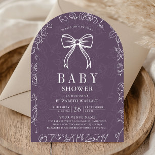 Dusty Purple Line Art Coquette Bow Baby Shower Invitation