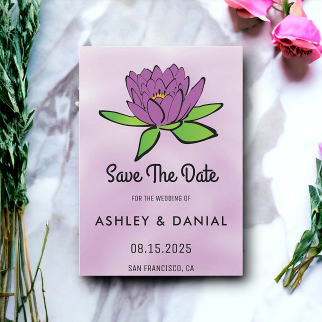 Dusty purple lotus floral Wedding Save the Date Invitation (Creator Uploaded)