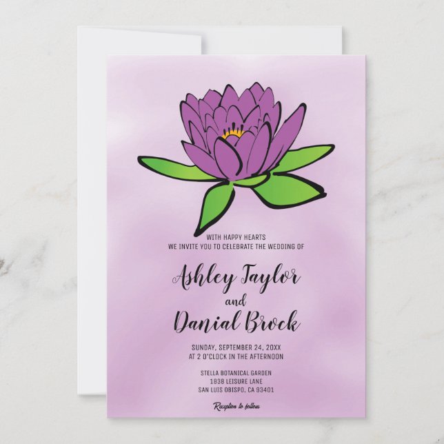 Dusty purple lotus rose green chic floral Wedding  Invitation (Front)