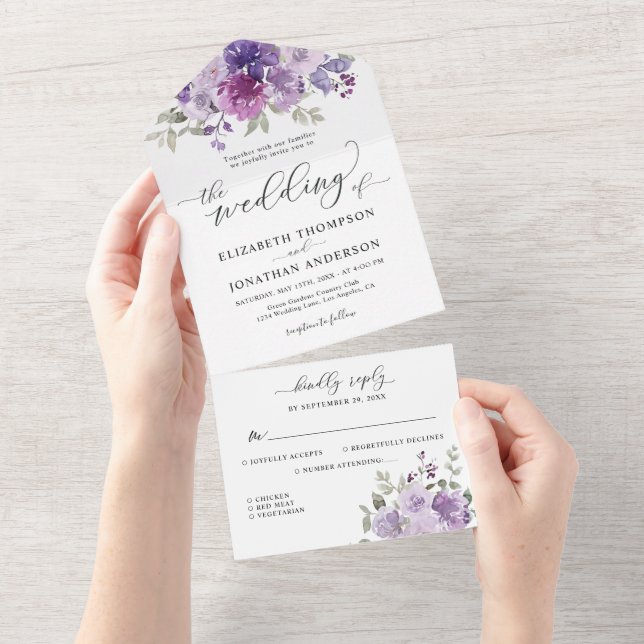 Dusty Purple Mauve Floral Wedding Details RSVP All In One Invitation (Tearaway)