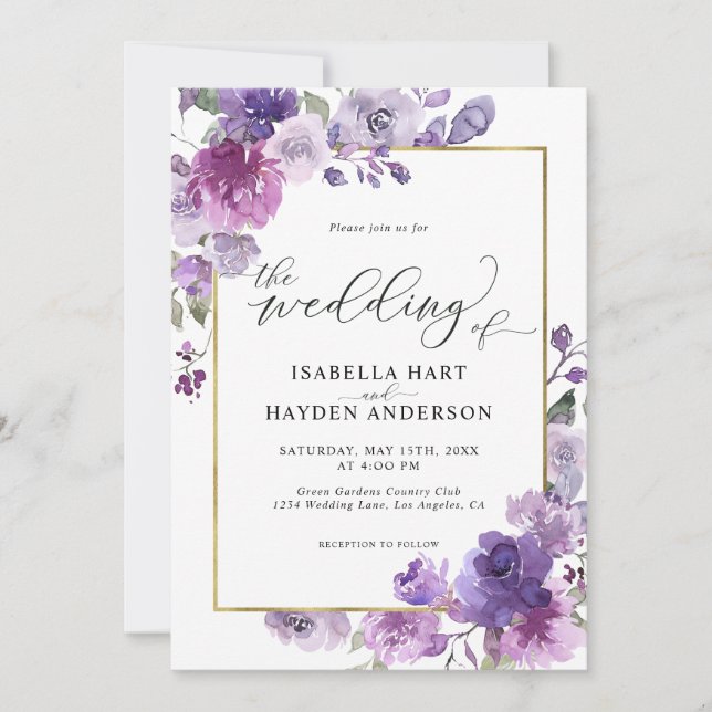 Dusty Purple Mauve Lilac Floral Gold Foil Wedding Invitation (Front)