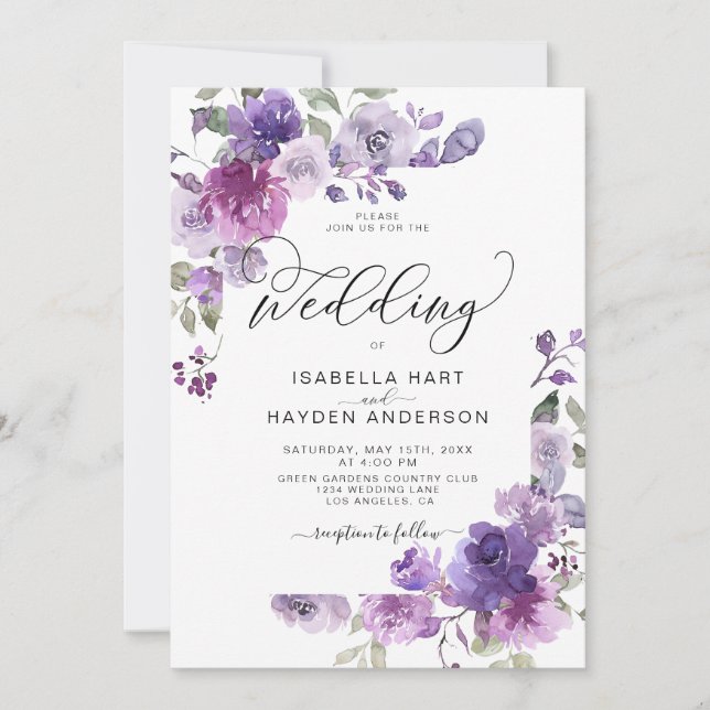 Dusty Purple Mauve Lilac Floral Romantic Wedding Invitation (Front)