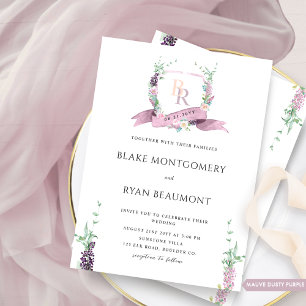 Dusty Purple, Mauve Pastel Floral Monogram Wedding Invitation