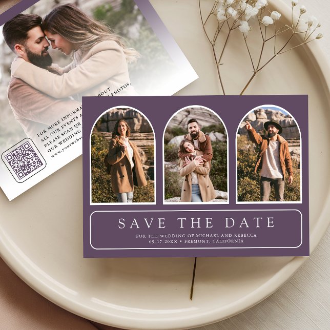 Dusty Purple Minimal Arch Photo QR Code Wedding Save The Date (Creator Uploaded)