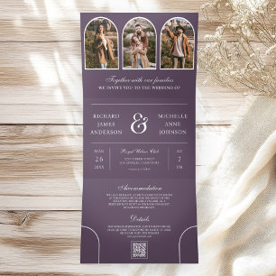 Dusty Purple Minimal Arch Photo QR code Wedding Tri-Fold Invitation