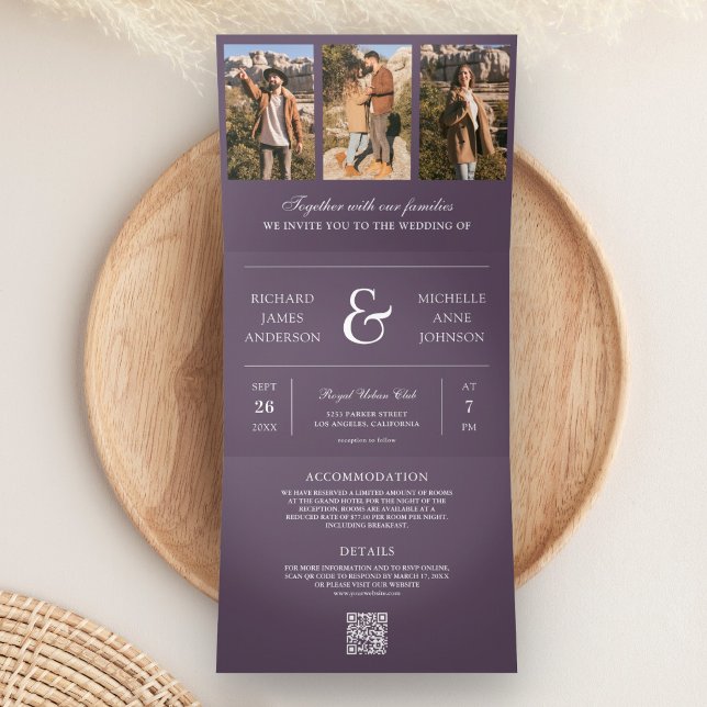 Dusty Purple Minimal Photo Collage QR Code Wedding Tri-Fold Invitation (Creator Uploaded)