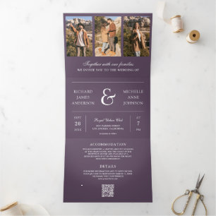 Dusty Purple Minimal Photo Collage QR Code Wedding Tri-Fold Invitation