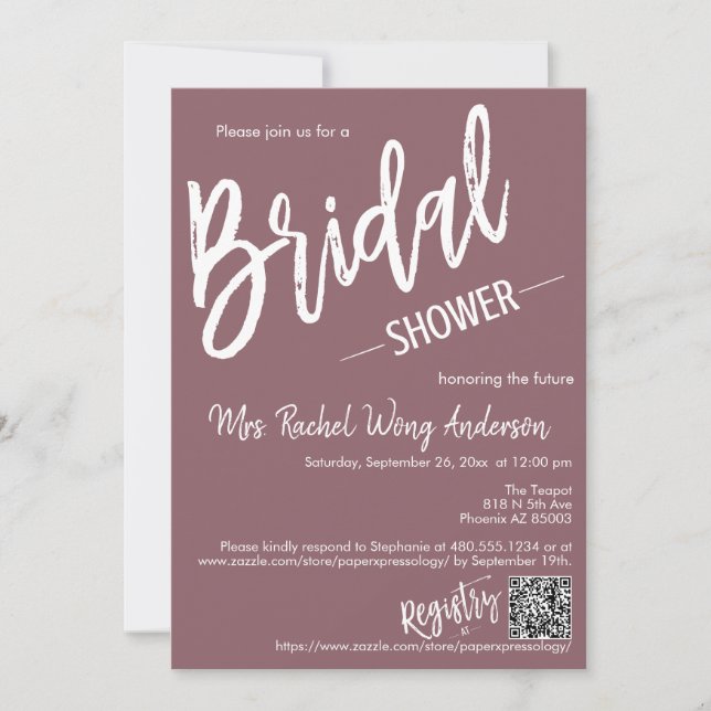 Dusty Purple Minimal Script Bridal Shower QR Code Invitation (Front)