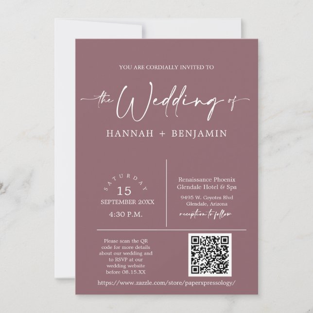 Dusty Purple Minimalist Wedding Arch QR Code Photo Invitation (Front)