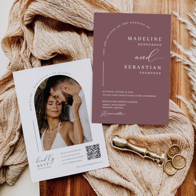 Dusty Purple Modern Minimal Arch Photo QR Code Inv Invitation (Creator Uploaded)