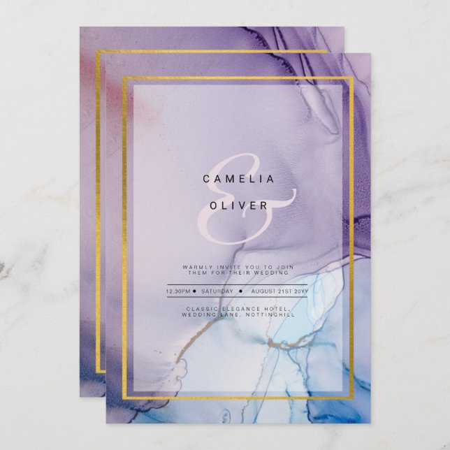 Dusty Purple Navy Blue Gold INK Wedding INVITE (Front/Back)