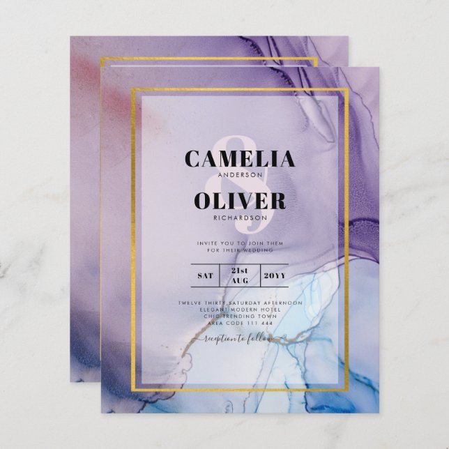 Dusty Purple Navy Blue Gold INK Wedding INVITE (Front/Back)