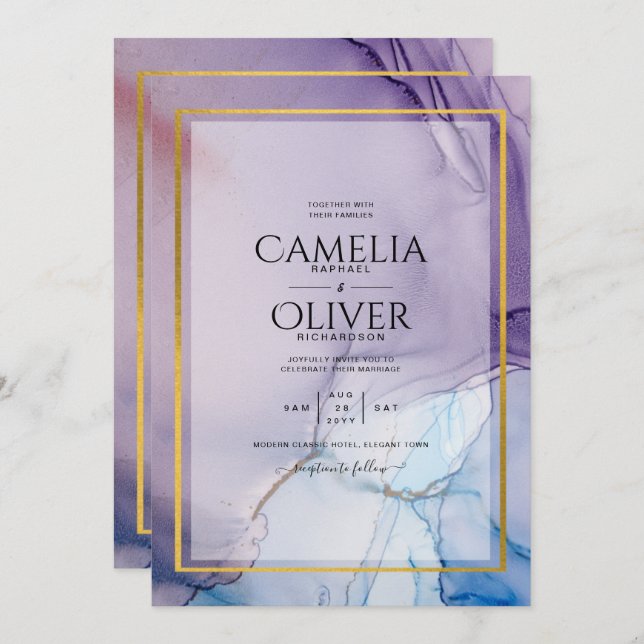 Dusty Purple Navy Blue Gold INK Wedding INVITE (Front/Back)