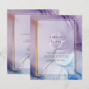 Dusty Purple Navy Blue Gold INK Wedding INVITE