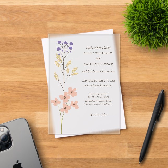 Dusty Purple, Peach Simple Floral Wedding Acrylic Invitations (Insitu (Invitation Card))
