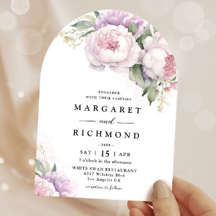 Dusty Purple Peony Elegant Watercolor Arch Wedding Invitation