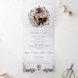 Dusty Purple Peony Floral Wreath Wedding Tri-Fold Invitation