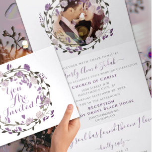 Dusty Purple Peony Floral Wreath Wedding Tri-Fold Invitation
