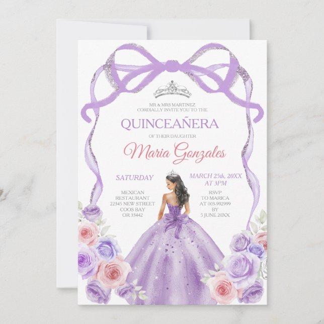 Dusty Purple Pink Bow Princess Silver Quinceañera Invitation (Front)