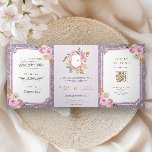 Dusty Purple Pink Floral All in One Crest Wedding Tri-Fold Invitation (Creator Uploaded)