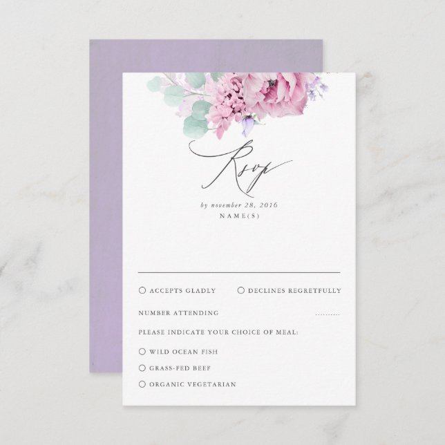 Dusty Purple Pink Floral Wedding RSVP (Front/Back)