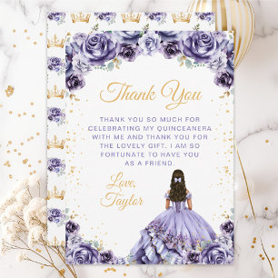Dusty Purple Princess Floral Quinceañera Thank You Card