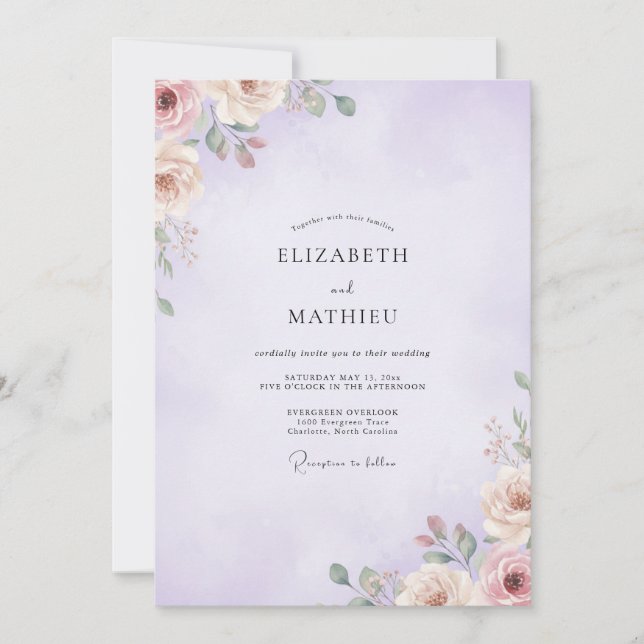 Dusty Purple Ranunculus Sage Wedding Invitation (Front)