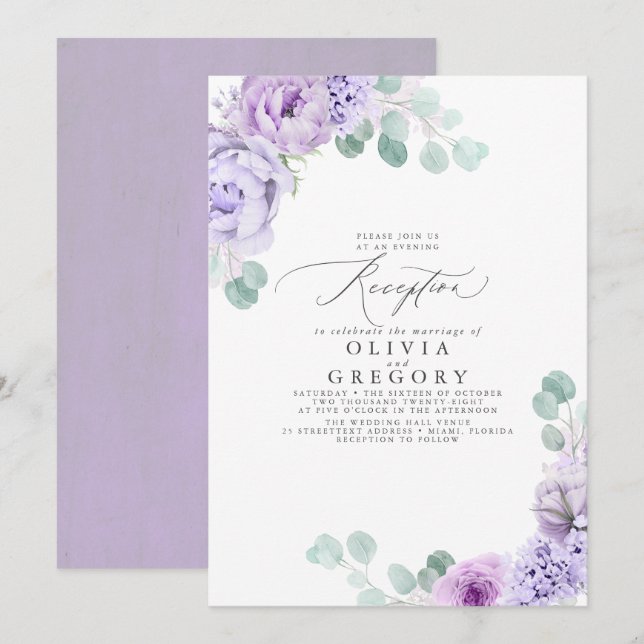 Dusty Purple Romantic Wedding Evening Reception Invitation (Front/Back)