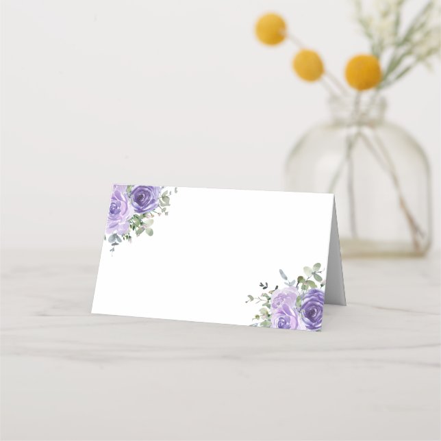 Dusty Purple Rose Eucalyptus Botanical Floral Place Card (Front)