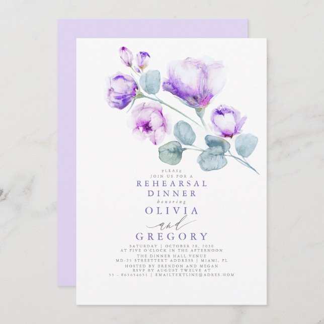 Dusty Purple Rose Floral Elegant Rehearsal Dinner Invitation (Front/Back)