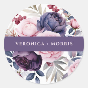 Dusty purple rose floral watercolor wedding classic round sticker