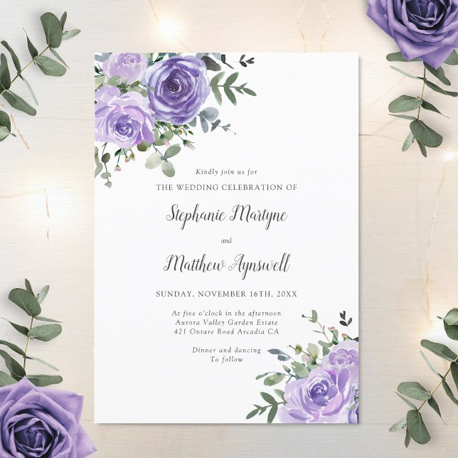 Dusty Purple Roses Botanical Wedding Invitation (Creator Uploaded)