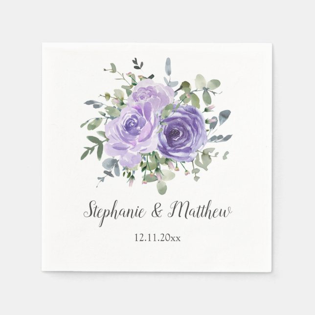 Dusty Purple Roses Eucalyptus Botanical Wedding Napkin (Front)