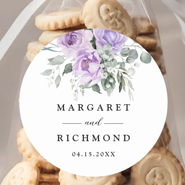 Dusty Purple Rustic Floral Wedding Classic Round Sticker (Creator Uploaded)