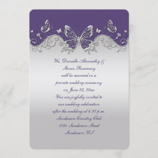 Dusty Purple Silver Butterflies Reception Only Invitation