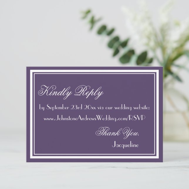 Dusty Purple Simple Script Wedding Website RSVP Enclosure Card (Standing Front)
