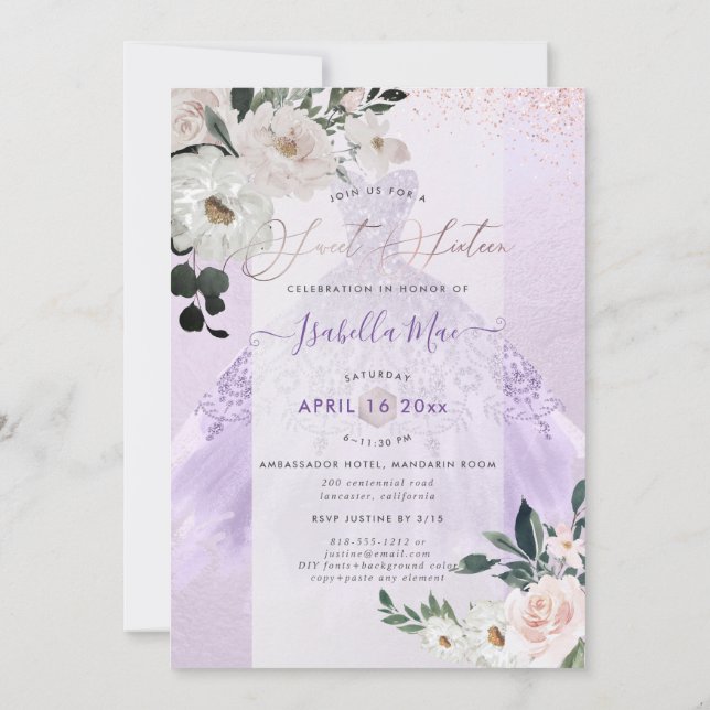 Dusty Purple Sweet Sixteen Watercolor Flowers Invitation (Back)