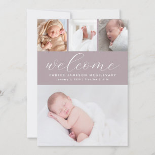 Dusty Purple Welcome Photo Collage Baby Birth Announcement