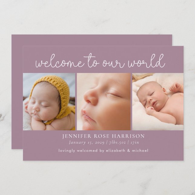 Dusty Purple Welcome Photo Collage Birth Announcement (Front/Back)