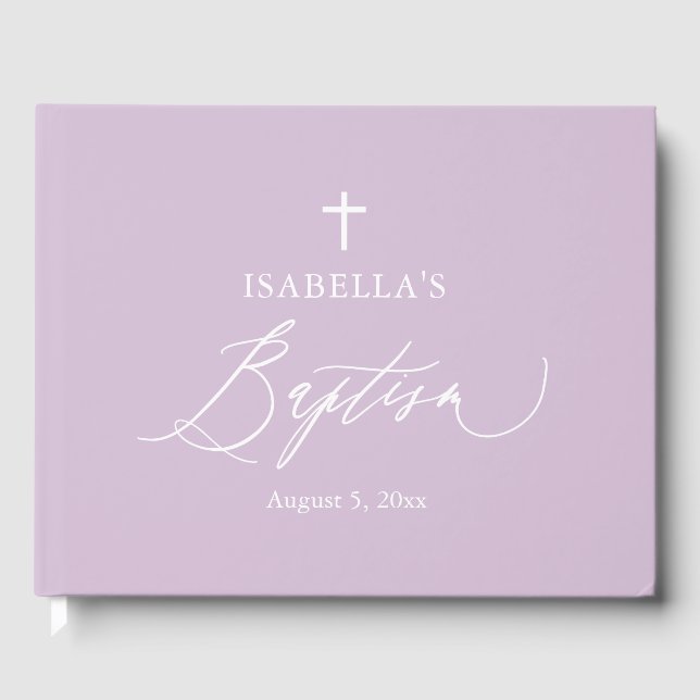 Dusty Purple White Cross Girl Baptism Guest Book (Front)
