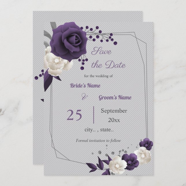 dusty purple white floral geometric save the date invitation (Front/Back)