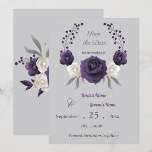 dusty purple white floral wreath save the date invitation