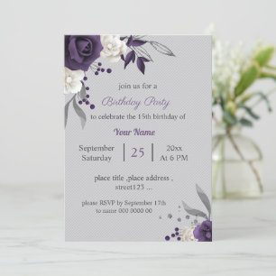 dusty purple & white flowers grey birthday invitation