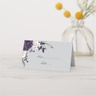 dusty purple & white flowers grey place card