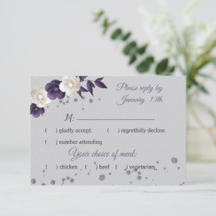 Dusty purple white flowers grey RSVP card