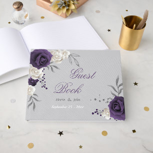 dusty purple white flowers grey wedding guest book