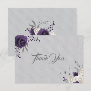 Dusty purple white flowers silver grey thank you card
