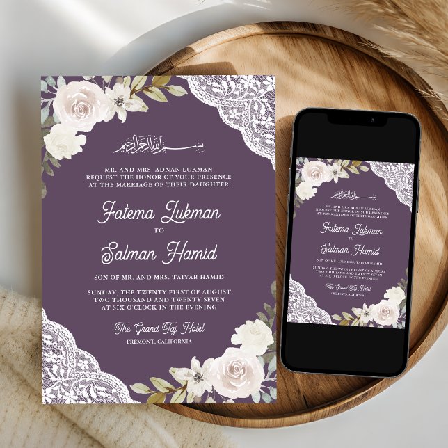 Dusty Purple White Roses Lace Muslim Wedding Invitation (Creator Uploaded)